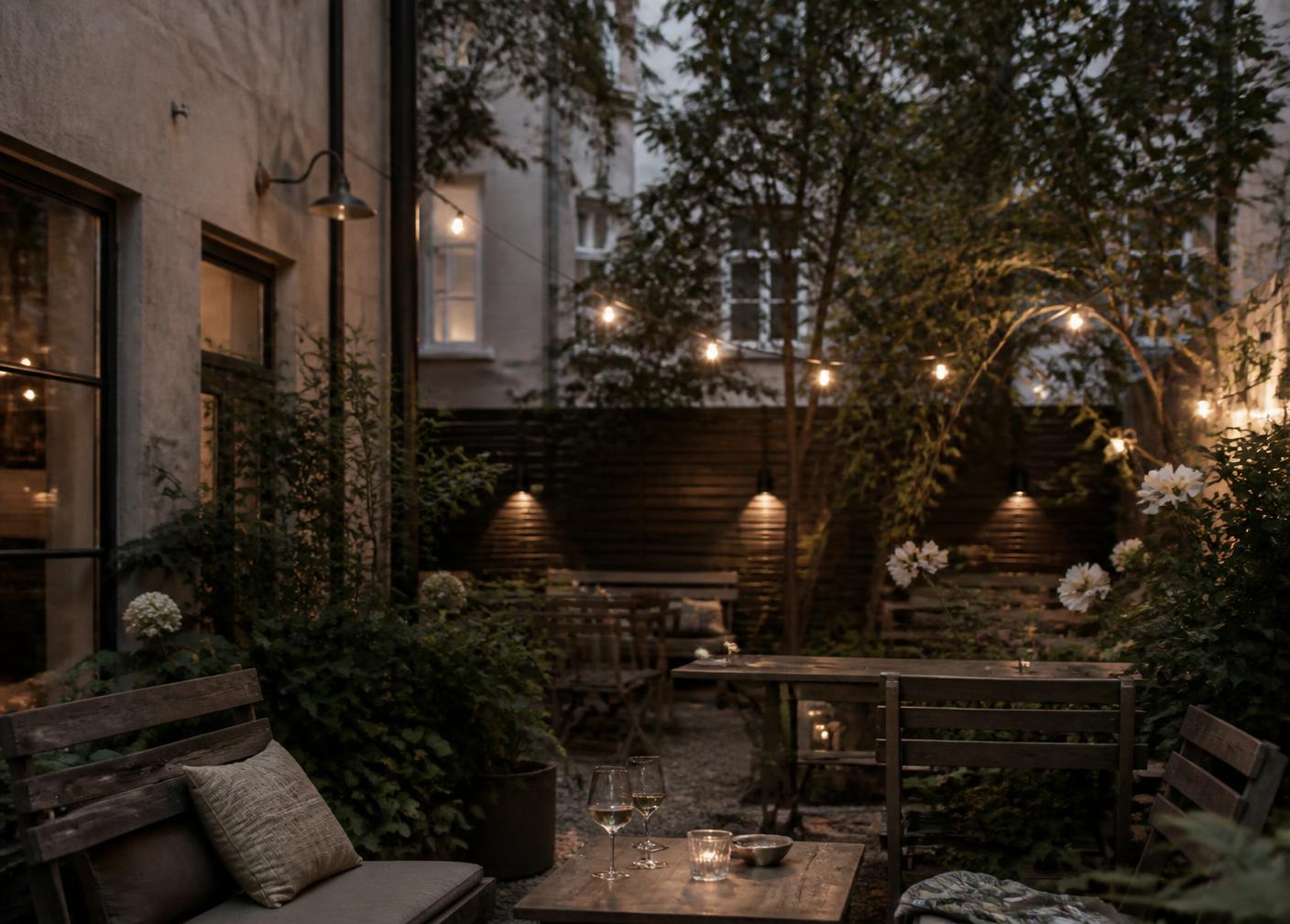 Gårdhaven hos Ro På i skumringen med lyskæder, grønne planter og vinglas